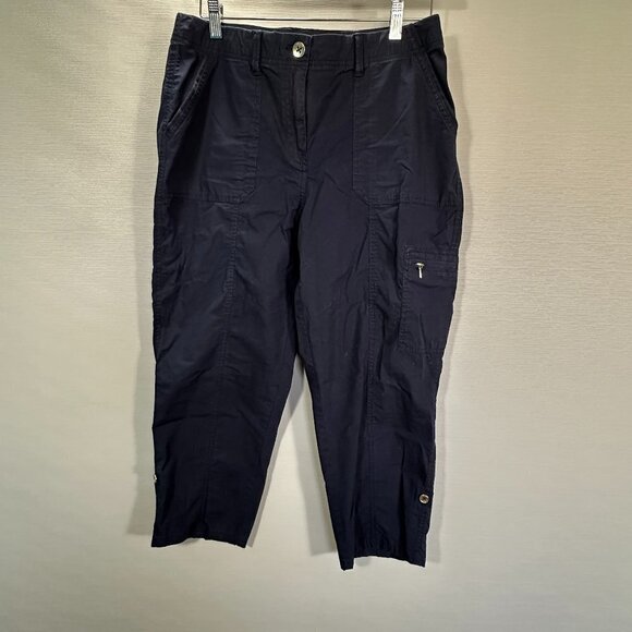 Chicos Pants Womens 10 Blue Cotton Stretch Crop Convertible Cargo Roll Cuff Pock - Picture 1 of 10